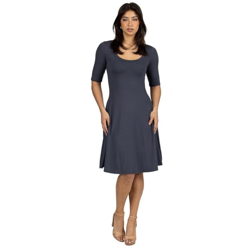 24 Seven Womens Size Large Navy Blue Elbow Sleeve Stretch Dress NEW